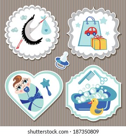 A set of cute cartoon Label with items for European newborn baby  boy. Baby cartoon icons,scrapbooking elements strips background.Vector illustration
