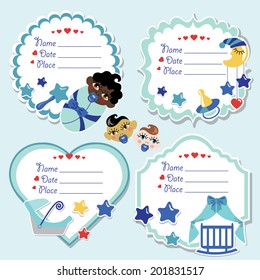 Set of cute cartoon Label with items for newborn baby boy. Use for invitation,save the date card.Vector illustration