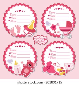 Set of cute cartoon Label with items for newborn baby girl. Use for invitation,save the date card.Vector illustration