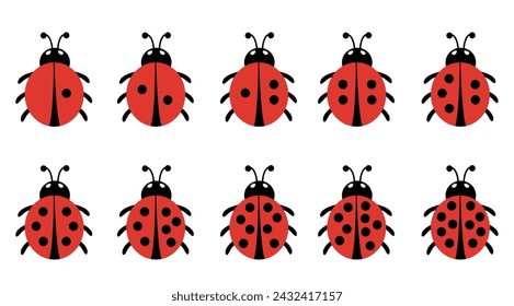 Set of cute cartoon ladybugs and black dots on them. Learning numbers 1-10.