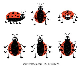 Está decorado con lindos ladybugs de dibujos animados en diferentes poses. Panecillos rojos brillantes. Ilustración del vector