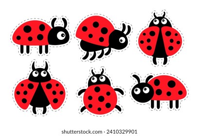 Set of cute cartoon ladybugs on a white background. Baby stickers, icons, decor elements, vector