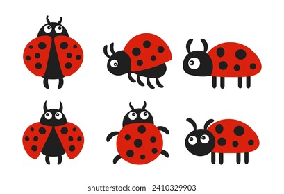 Set of cute cartoon ladybugs on a white background. Baby stickers, icons, decor elements, vector