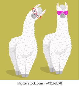 set of cute cartoon lama alpaca in trendy glasses. Vector Illustration. unique design for cards, posters, t-shirts, invitations, patch and stickers