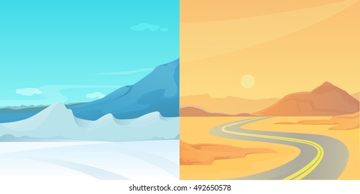 Set Cute Cartoon landscapes with mountain. vector