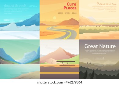 Set Cute Cartoon landscapes with mountain. vector collection of nature