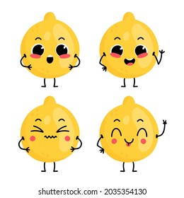 Set with cute cartoon lemon character with different emotions. Vector illustration.