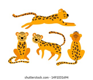 Set of cute cartoon leopards isolated on white background. Collection of cute feline animals. Flat vector illustration.