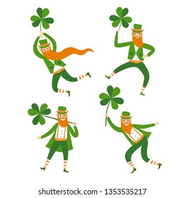 Set of cute cartoon leprechauns holding shamrocks. St. Patrick's Day and folklore illustration for your design.