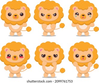 Set cute cartoon lion with different emotions