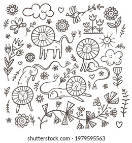 Set with cute cartoon lions. Funny animals collection. Doodle plants print. Vector herbs and flowers poster.