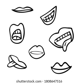 Juego de lindos labios de dibujos animados, dibujo vectorial original del doodle