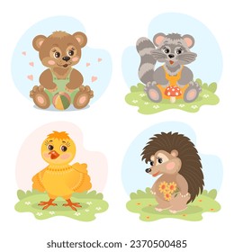 Set of cute cartoon little animal characters, giraffe, teddy bear, squirrel, chicken, duckling, raccoon, hedgehog, wolf, beaver. Illustrations in flat style. Children's print, postcard. Vector