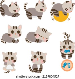 Set of Cute Cartoon Little Baby Cat Icon. Cat with 8 different poses, standing, sleeping, resting, stretching and playing. Cat with gray color. Cartoon illustration collection, Vector, EPS10