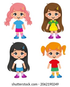 Set of cute cartoon little girls characters. Vector illustration of children in a funny childish style. Isolated clipart.