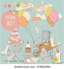 set with cute cartoon little white hares