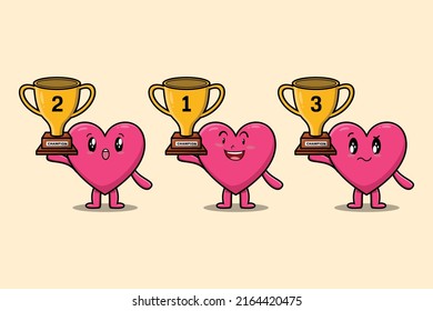 Set of cute cartoon lovely heart holding trophy with happy expression in 3d modern style design
