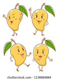 Set of cute cartoon mangoes in different poses.