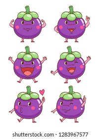 Set of Cute cartoon mangosteens in different poses.