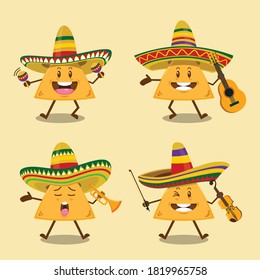 set of cute cartoon mariachi nachos with sombrero hats and music instruments vector illustration