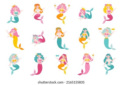 Set of cute cartoon mermaids. Childish fairy tale sea princesses with red and pink hair isolated on white background. Kids mascots. Flat vector illustration