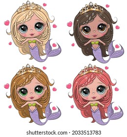 Set Cute Cartoon Mermaids  in different colors on a white background