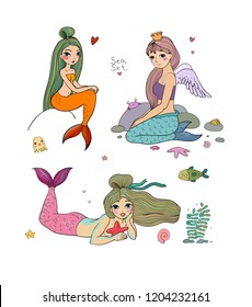 Set with cute cartoon mermaids. Marine theme.