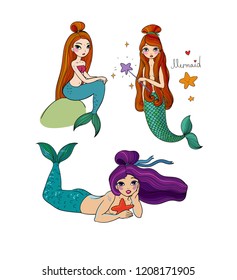 Set with cute cartoon mermaids. Marine theme.