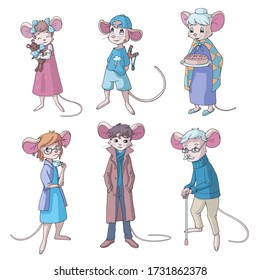 Set of cute cartoon mice. Mouse family (kids, parents, grandparents). Isolated objects on white background. Decor elements for kids products (room, clothes, stationery, stickers). Pastel colors.