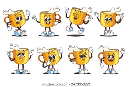Conjunto De Personajes Lindos De La Taza De Leche De Dibujos Animados Que Expresan Diferentes Emociones Y Poses. Vector Tazas Amarillas Retro Animación