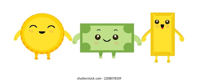 
set of cute cartoon money gold and dollar vector illustration
