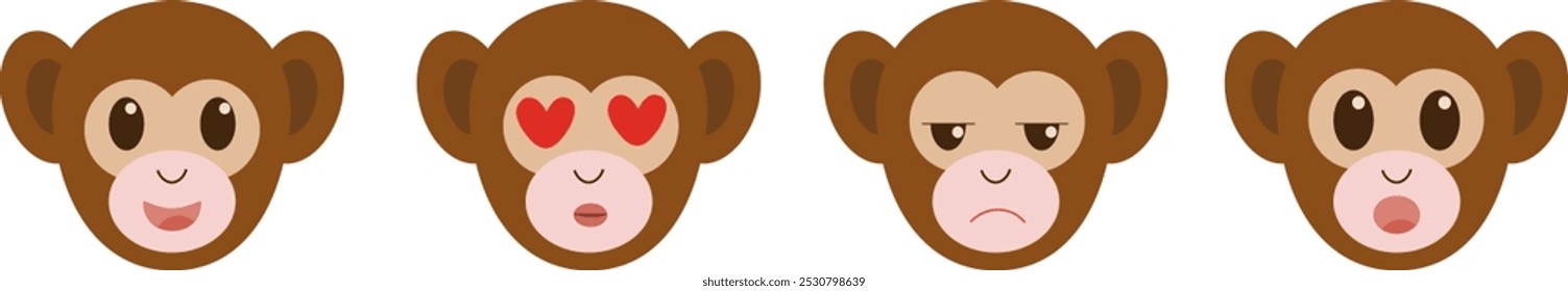 
Сool set of cute cartoon monkey faces with different emotions. Joy, sadness, love, surprise. Vector illustration for cards, social networks, print, design. Vector, eps10