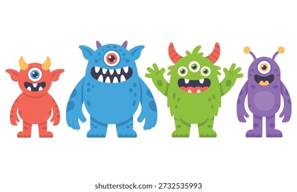 Set of cute cartoon monster characters in bright colors, isolated on a light background. Friendly fantasy creatures with playful expressions, perfect for kids designs, games, stickers, posters, books, apps, branding, education, and character illustrations.