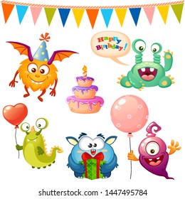 Set of cute cartoon monster. Happy birthday monsters party