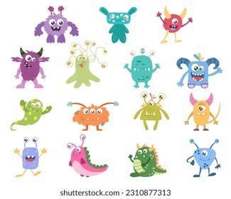 A set of cute cartoon monsters, an alien. Vector illustration on a white background.