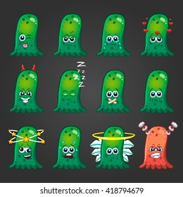 Set of cute cartoon monsters with different emotions.