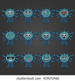 Set of cute cartoon monsters with different emotions.