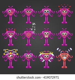 Set of cute cartoon monsters with different emotions.