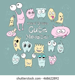 Set of cute cartoon monsters of different colors and emotions on a green background. Vector illustration