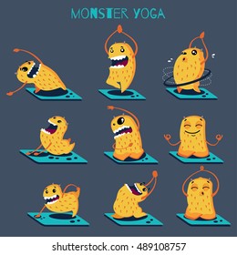 Set of cute cartoon monsters in different yoga poses. Vector illustration.