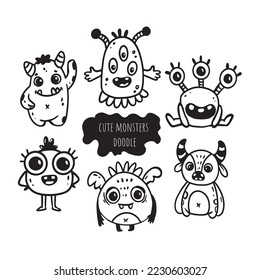 set of cute cartoon monsters in doodle style.Vector illustration