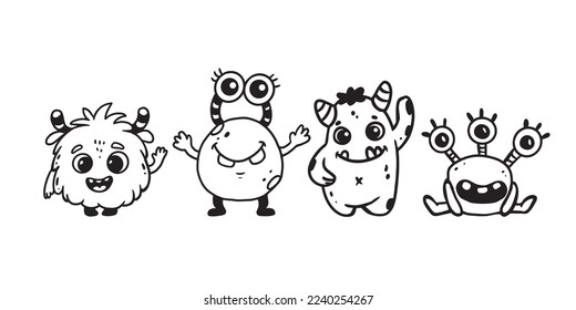 Set of cute cartoon monsters in doodle style.Funny characters on white background.Icon monster.Alien.Vector illustration