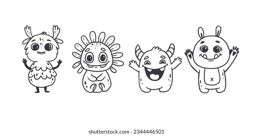 Conjunto de monstruos adorables de dibujos animados al estilo de doodle. Caracteres divertidos sobre fondo blanco. Monstruo de iconos. Ilustración de Alien.Vector