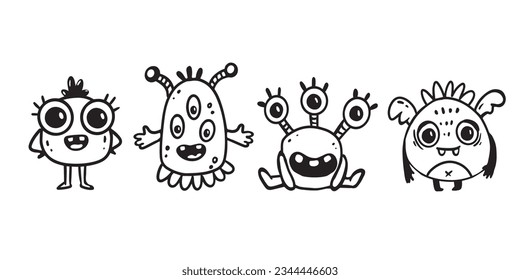 Set of cute cartoon monsters in doodle style. Funny characters on white background. Icon monster. Alien.Vector illustration