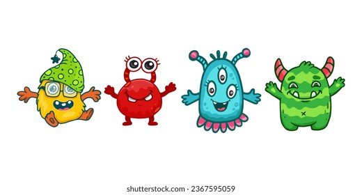 Un juego de monstruos adorables de dibujos animados. Doodle, imprenta. Monstruo de iconos. Estilo Doodle. Alien. Diseño de caracter divertido para niños para carteles, tarjetas, revistas Vector