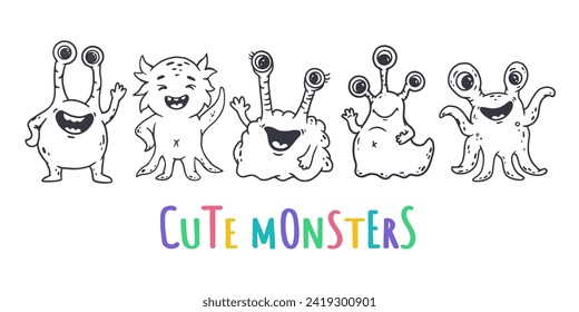 Set of cute cartoon monsters in doodle style. Funny characters on white background. Icon monster. Alien.Vector illustration