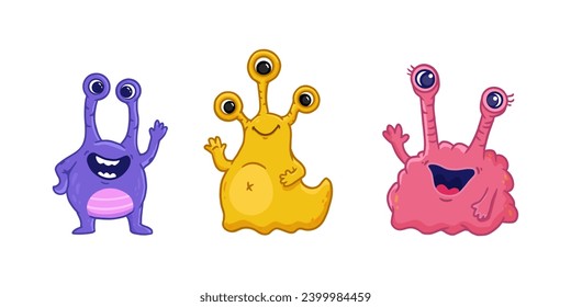 Set of cute cartoon monsters with eyes. Funny characters on white background. Icon monster. Doodle style. Alien. Vector illustration
