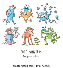Set with cute cartoon monsters. Fabulous collection of creatures. Funny animal sticker pack. Line art doodle poster.
