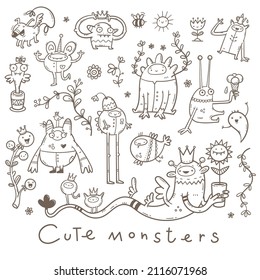 Set and cute cartoon monsters  Fabulous collection creatures  Funny animal sticker pack  Line art doodle poster 