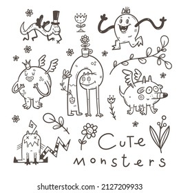 Set and cute cartoon monsters  Fabulous collection creatures  Funny animal sticker pack  Line art doodle poster 